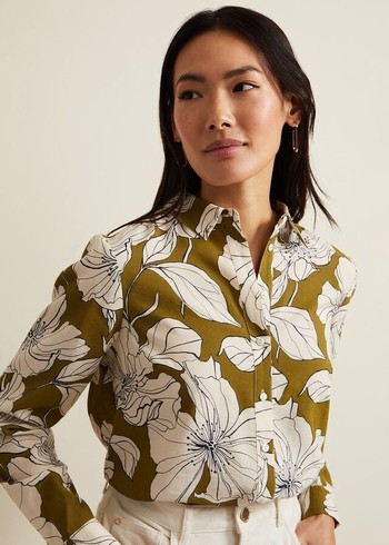 Phase Eight Lena Linear Floral Shirts Olive USA | 7864901-KN